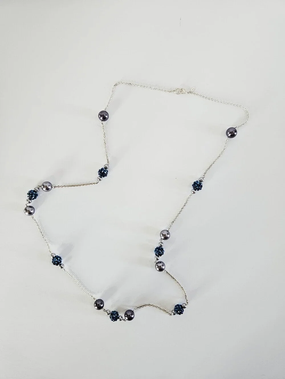 Vintage RMN Roman Blue Faux Pearl Beaded Silver Tone Opera Length Chain Necklace